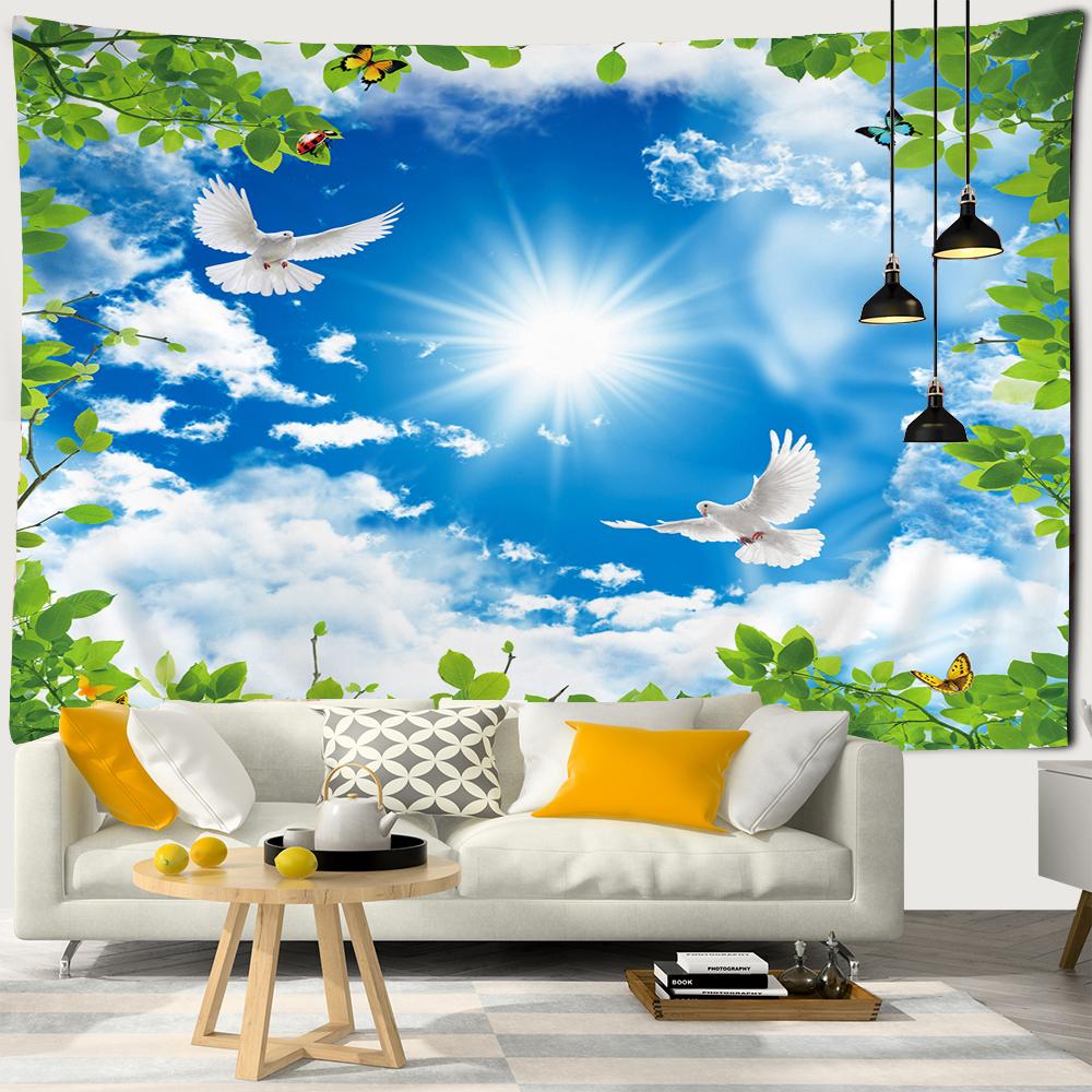 Landscape Tapestry Wall Hanging Sunny Scenery Blue Sky Love Heart Cloud Pigeon Beach Wall Tapestry Backdrop Wall Cloth Tapestry