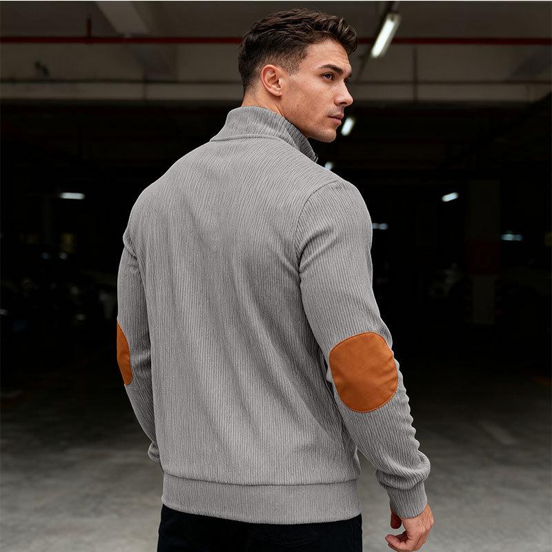 New Men's Autumn Casual Corduroy Solid-Colour Elbow-Patch Zip-Up Hooded Sweatshirt with Stand-Up Collar