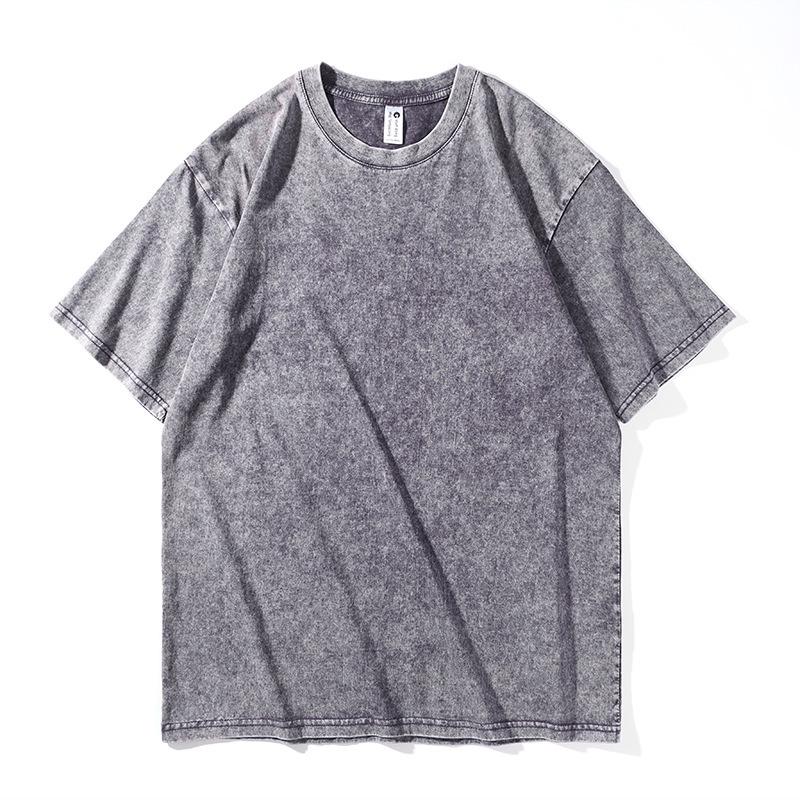 Retro bawełniany T-shirt z efektem sprania, 230g, Prany, Krótki rękaw, Okrągły dekolt, Luźny krój, Wzór płatka śniegu, Męska odzież codzienna