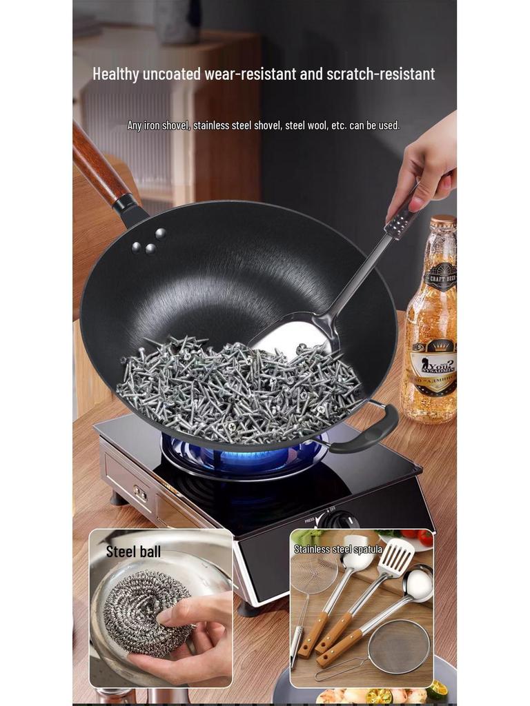 Traditioneller Gusseisen-Wok mit flachem Boden - Antihaftbeschichtet, keine Beschichtung, geeignet für Gas- und Induktionsherde.