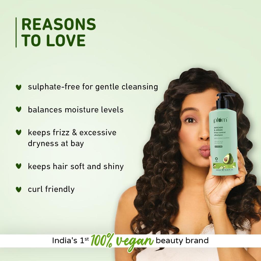 Plum Avocado & Argan Frizz Control Shampoo 250ml Pack of 1 for Curly Wavy Hair Smooth Moisturized