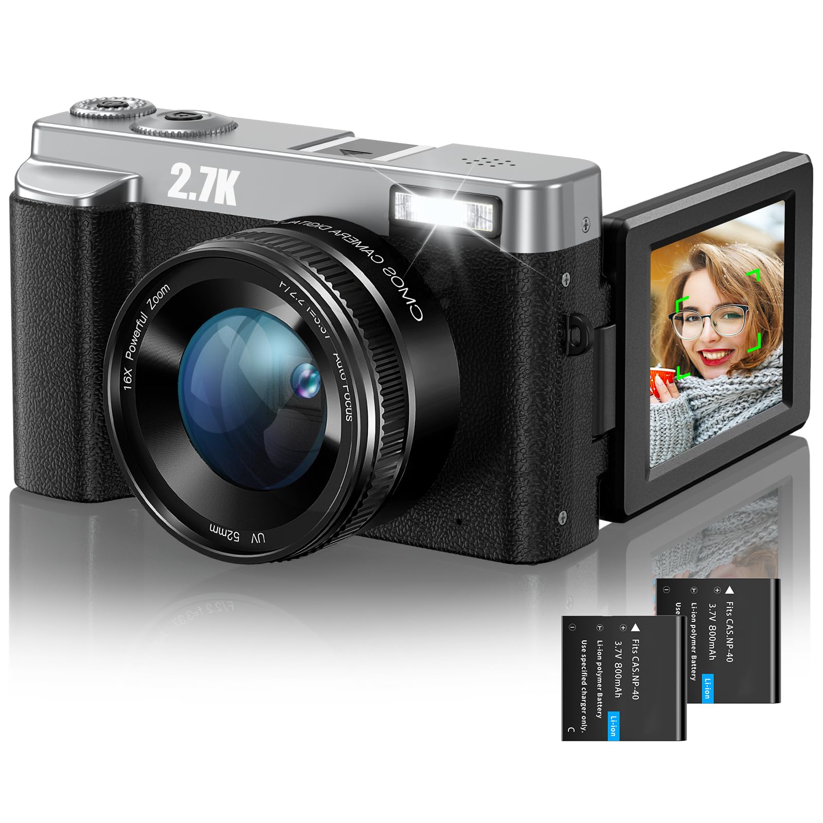 

SIXTARY Цифрова цифрова відеокамера для YouTube Велика Включає дві 32G Срібні камери, 2.7K 48MP, Відеоблогінг, 3-дюймовий екран, Карти,