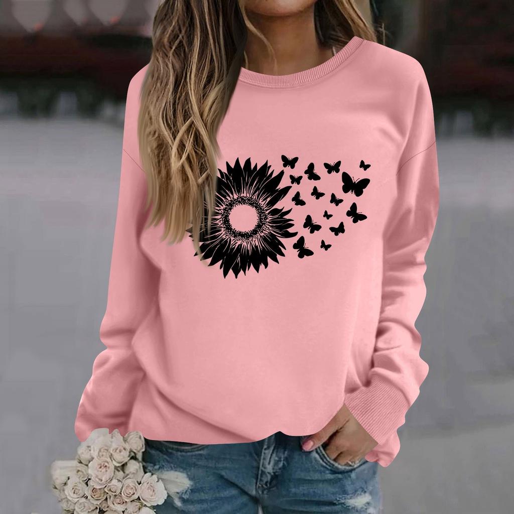 Women's Fashion Casual Long Sleeve Solid Color Printed Round Neck Top Sweatshirt