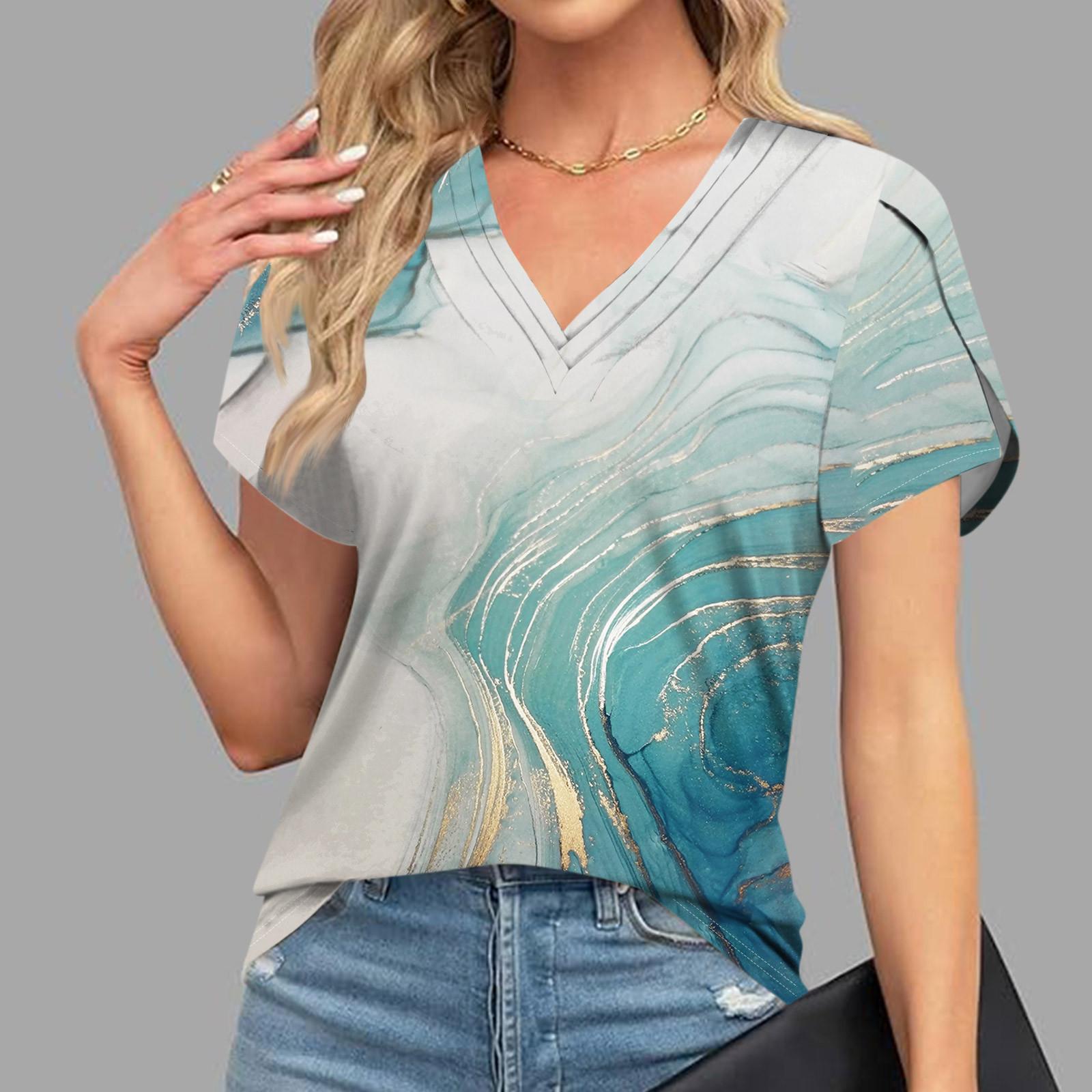 

Блузки для жінок Одягнений повсякденний, модний принт, короткий рукав, ретро-принт, футболка Унікальний дизайн, V-подібний виріз, великі футболки XL