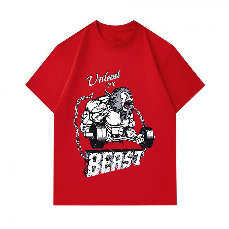 Men's 100% Cotton Crew Neck Short Sleeve T-Shirt, Unleash The Beast Muscular Lion Weightlifting Print Casual Fitness Workout Top