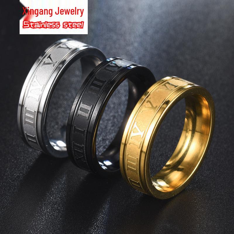 Punk Hip Hop Men's Titanium Steel Roman Numerals Ring - Colorfast and Trendy
