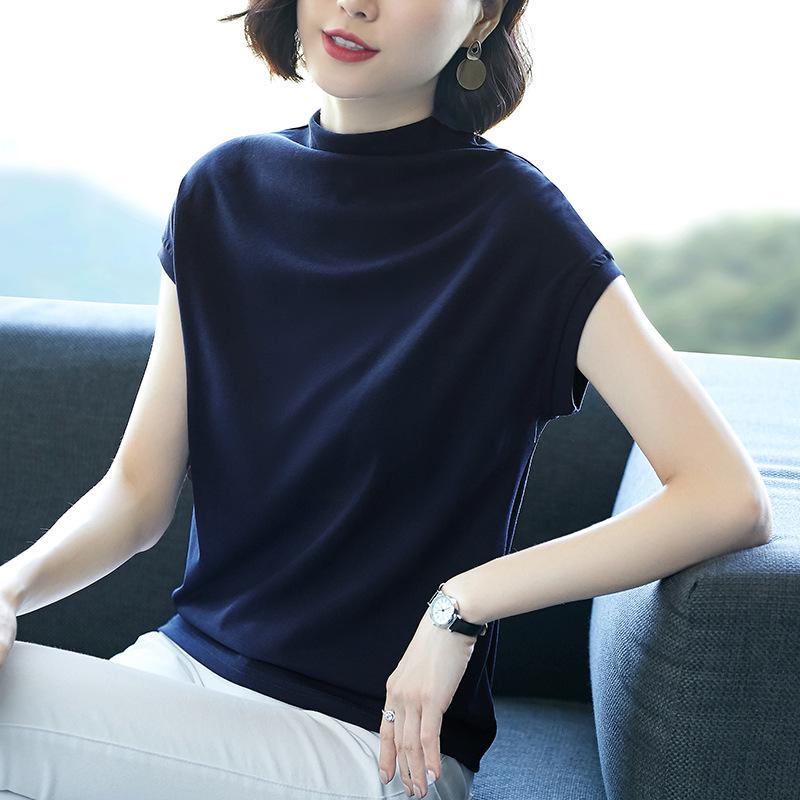 

Лето 2025 Женская Модная Свободная Футболка с Коротким Рукавом и Полувысоким Воротником XL синий