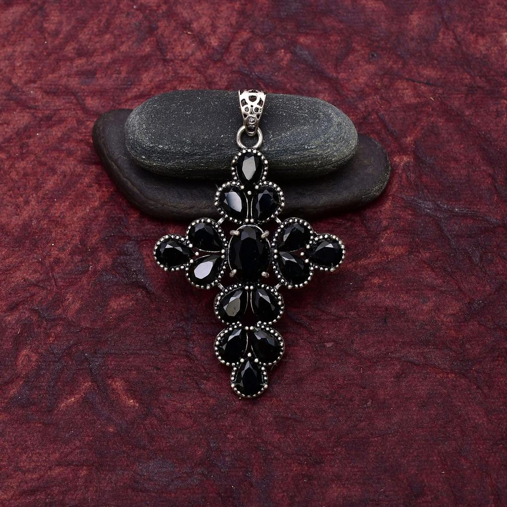 Black Onyx Gemstone 925 Sterling Silver Handmade Cross Pendant Jewelry