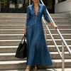 Mid-length Dress Women Button Down Maxi Denim Dress, Long Sleeve Lapel V Casual Loose Neck Flowy A-line Jean with Pockets Summer