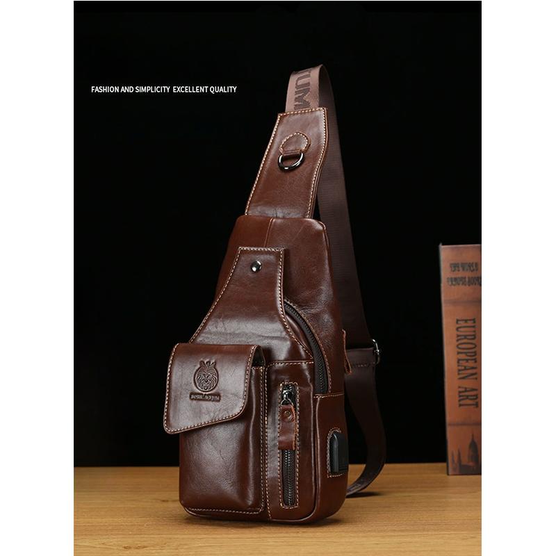 Genuine Leather Chest Bag Men Fashion Style Casual Straddle Bag Business Large Capacity Multifunctional Shoulder Bag