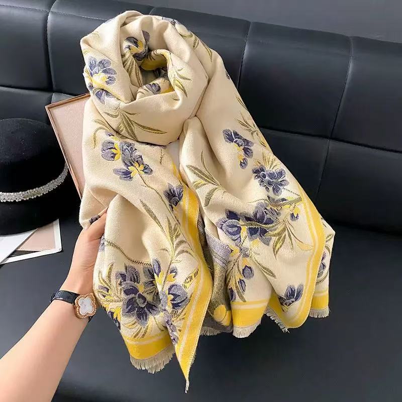 National Style Ancient Building Antique Retro Autumn And Winter Women'S Imitation Cashmere Short Beard Fringed Warm Scarf Shawl Scarf
