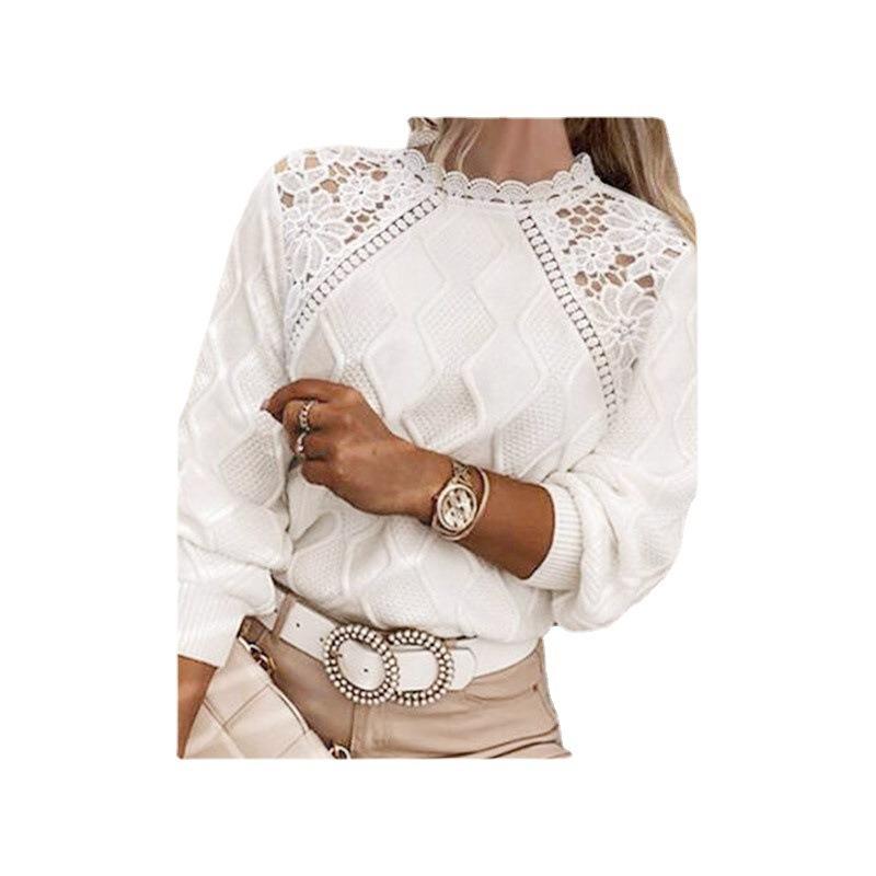 Round Neck Hollow Lace Knitted Sweater for Women with Commuting Temperament and Versatile Pullover Top