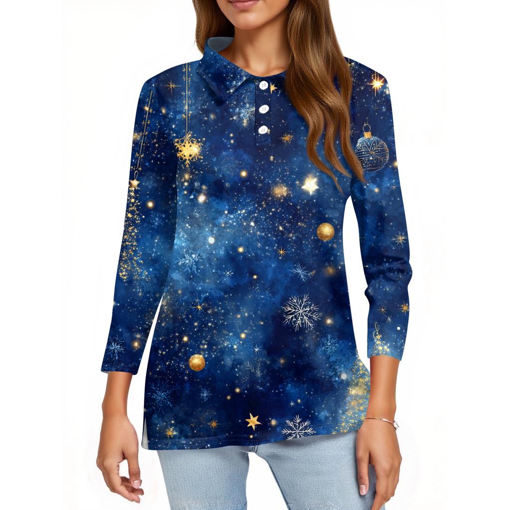 Dámská móda Ležérní klopa Krátký 3/4 rukáv Vánoční potisk Košile Dámské knoflíkové topy