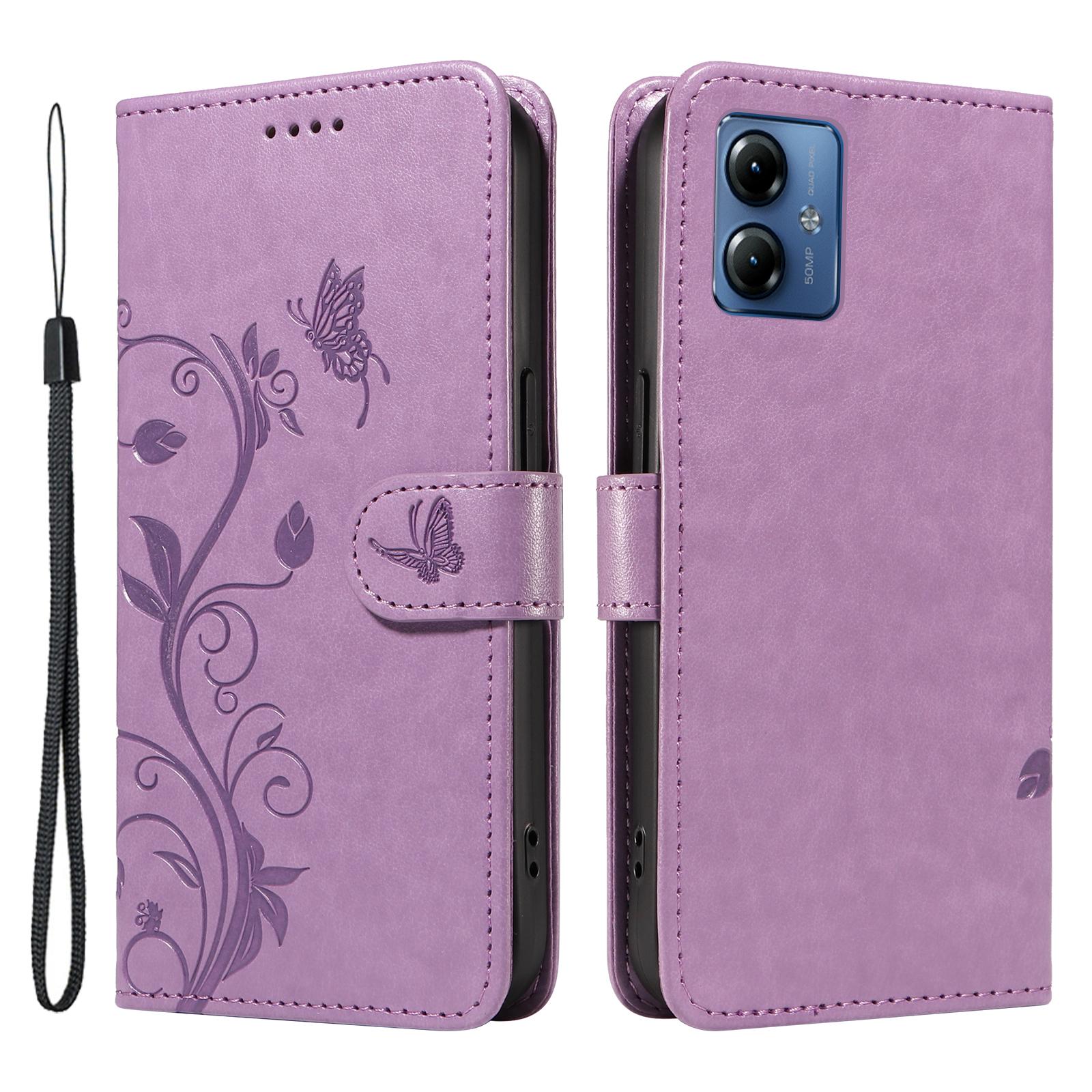 

For Motorola Moto G14 4G PU Leather Cases Flower Pattern Wallet Stand Phone Cover with Strap Purple