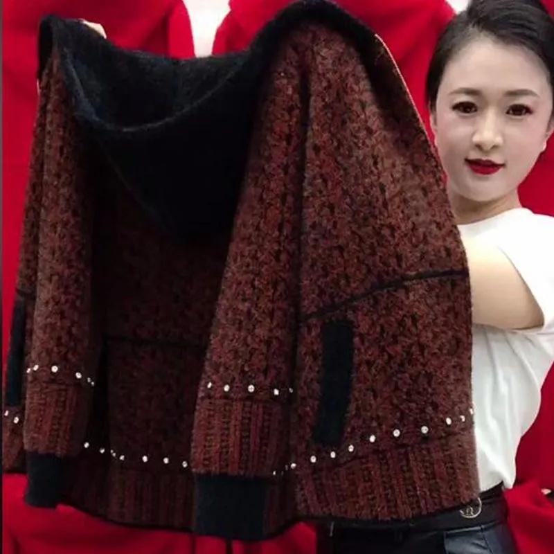 Middle-Aged Women's Knitwear Cardigan High-Quality Mink Velvet Jacket Female Autumn Winter Short Hooded Sweater Coat