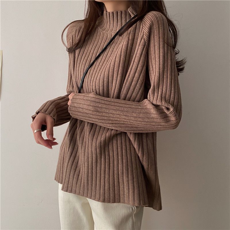 Damen Langarm Strickpullover Herbst Winter Locker Rollkragen Basisschicht Einfarbiges Oberteil Vielseitig