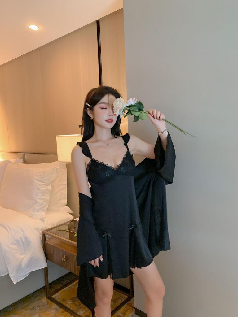 Summer pure court style ice silk suspender nightdress women's summer with chest pad sexy lace pajamas loungewear summer