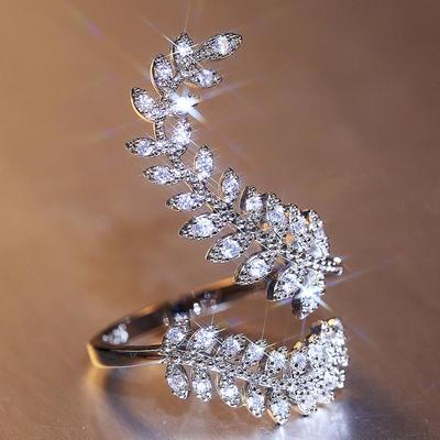 Creative Plant Leaf Zircon Silver-Plated Long Ring for Women