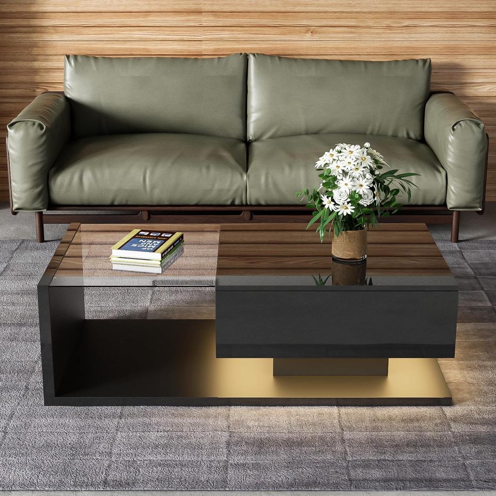 Wohnzimmertisch, LED Couchtisch mit Schubladen, Hochglanz Kaffeetisch mit Stauraum, Modern Coffee Table