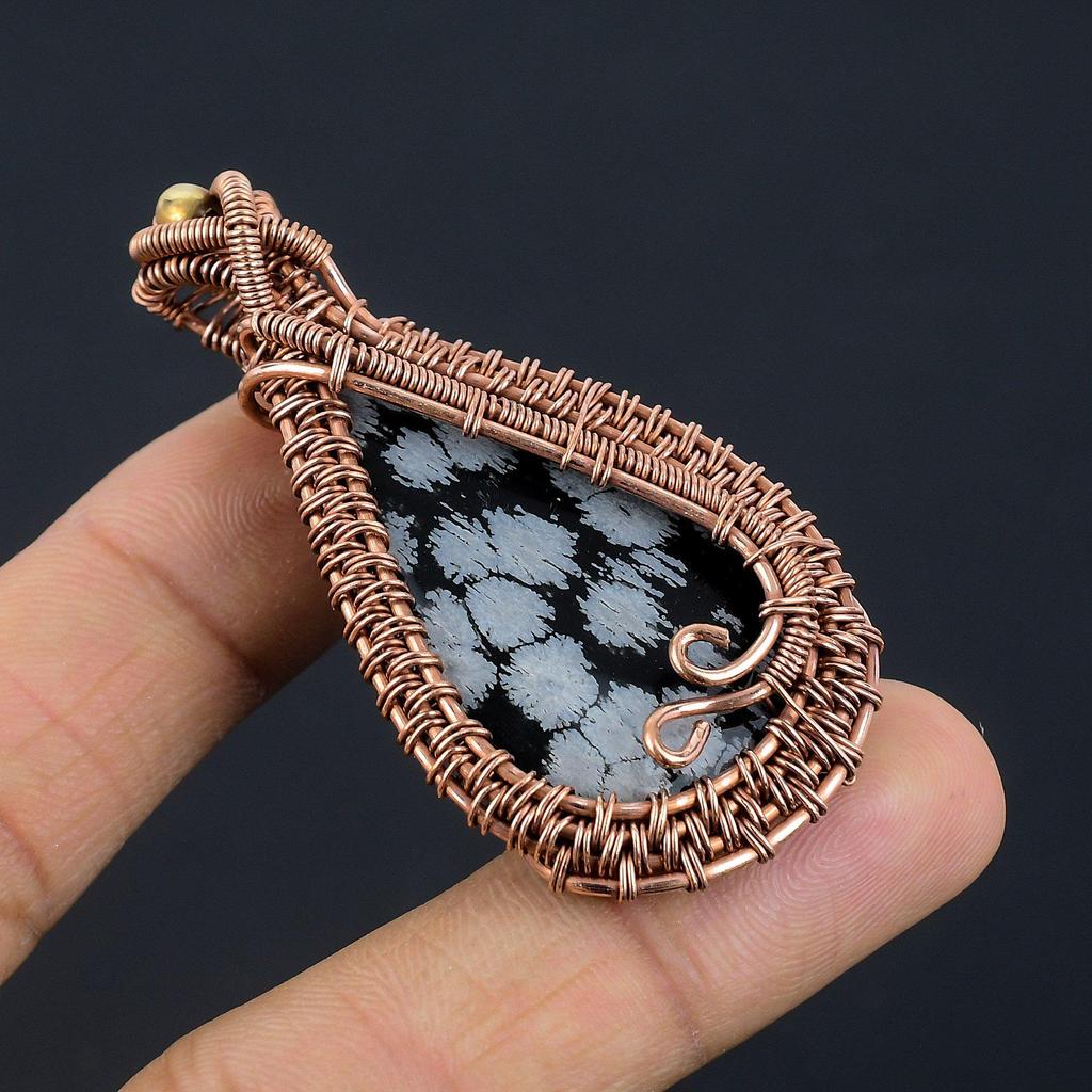 Snowflake Obsidian Pendant, 999 Copper Wire Wrapped Gemstone Handmade Dainty Jewelry Pendant, For Her