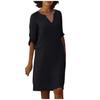 Retro High Waist V-Neck Cotton Linen Dress European American Style Solid Color Washed Wrinkled Fabric Three Quarter Sleeves