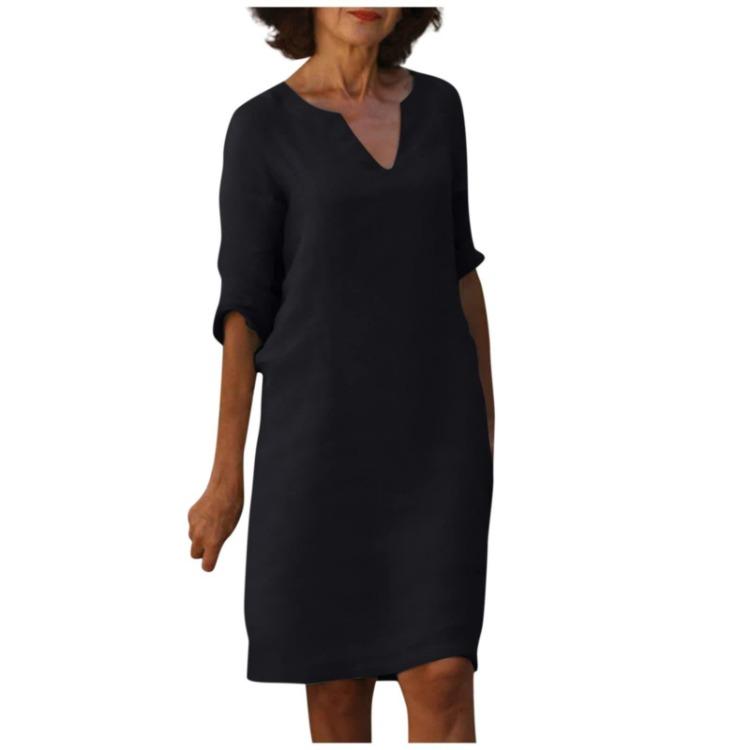 Retro High Waist V-Neck Cotton Linen Dress European American Style Solid Color Washed Wrinkled Fabric Three Quarter Sleeves