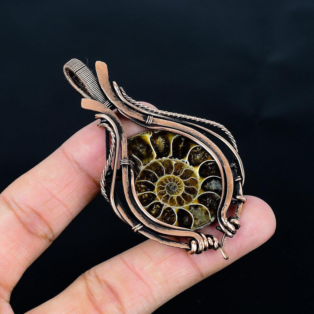 Ammonite Fossil 999 Copper Wire Wrapped Pendant, Handmade Gemstone Jewelry Pendant For Memorial Day