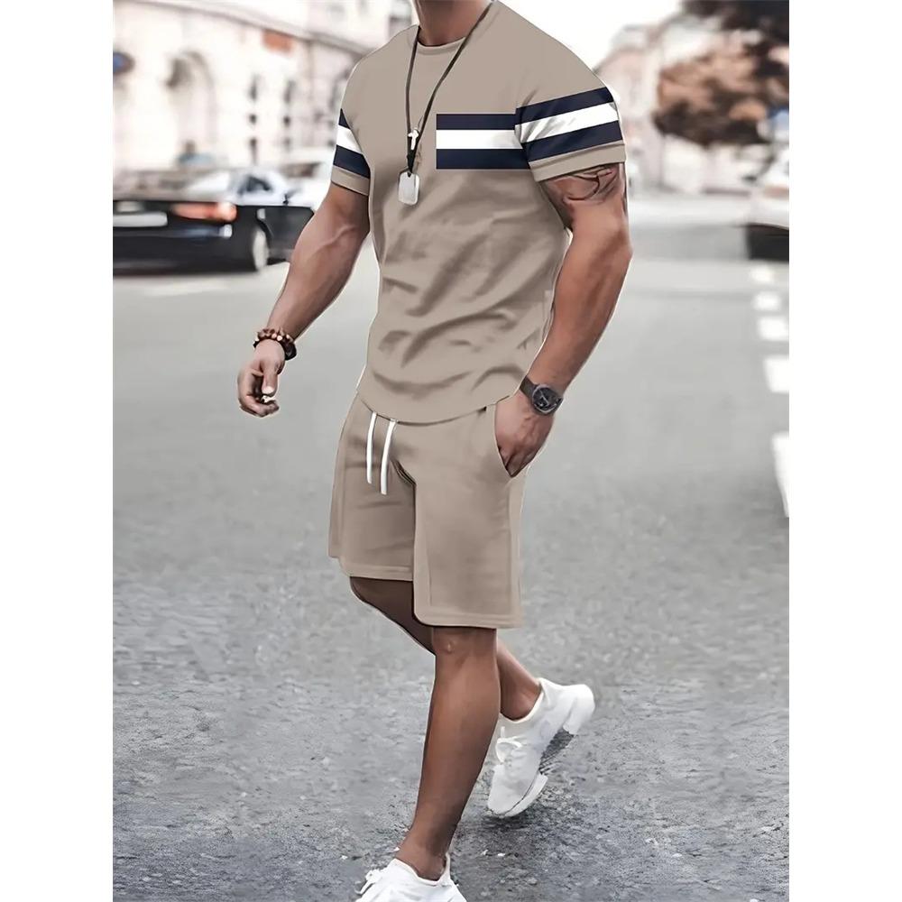 Boutique Men's Summer Casual Sports Short Sleeve Suit Simple Splicing Printed Round Neck T Shirt Drawstring Pocket Shorts Suit