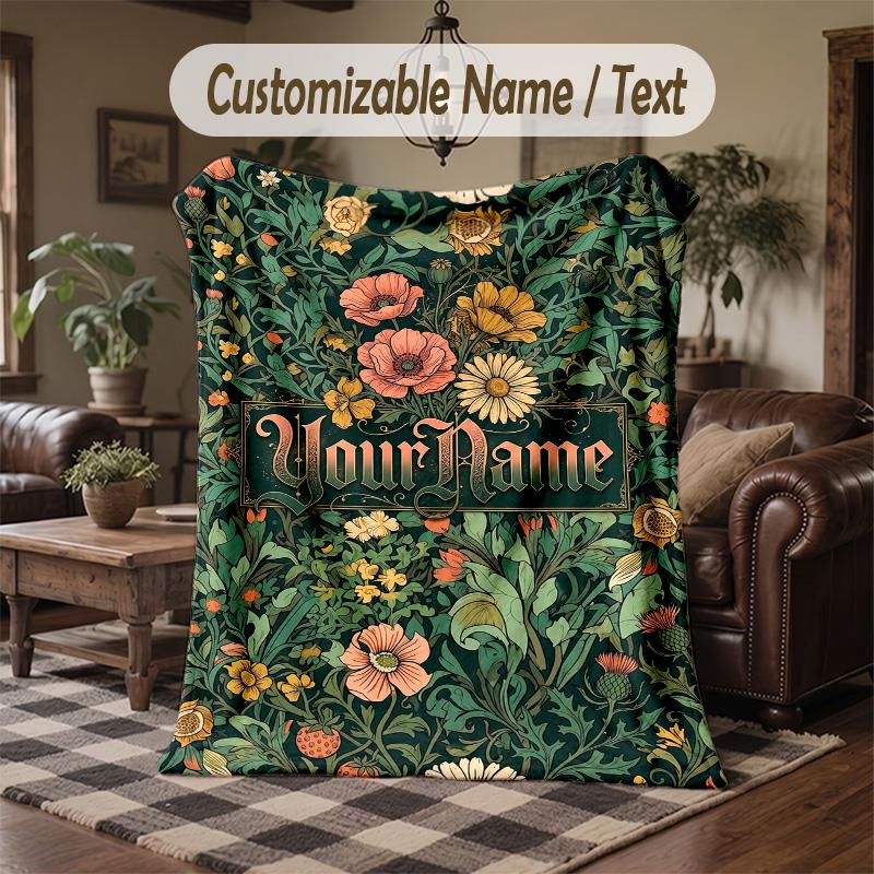 Floral Artwork 21 Theme Throw Blanket Custom Name Text Personalized Blanket Soft Cozy Blanket for Home Sofa Bed