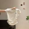 Design-sensory Bow Pleated Waist T-shirt for Women with Round Neck Straight Shoulder Short Sleeve Summer New Small Flying Sleeve Slim Body