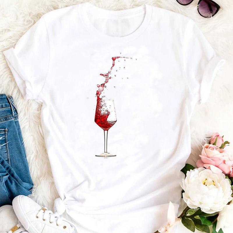 Womens Fashion Wine Glass Print Trendy Womens Base Layer Halfsleeved Womens Wear Shortsleeved Women Tshirt for Summer