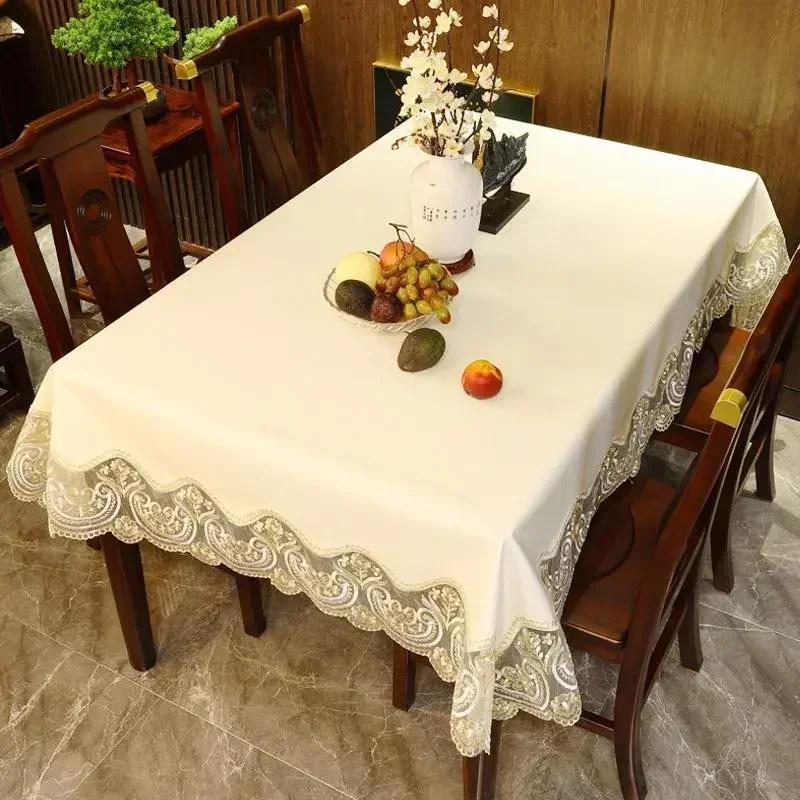 Tablecloth Waterproof and Oil Resistant Lace Embroidery Edge PU Table Cover Home Dining Table Decoration Mat