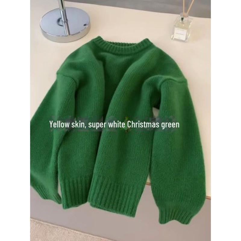 

Женский зимний флисовый свитер в стиле ленивой шерсти — мягкий, уютный, с круглым вырезом и внутренним слоем из молочного фуфу L зелёный