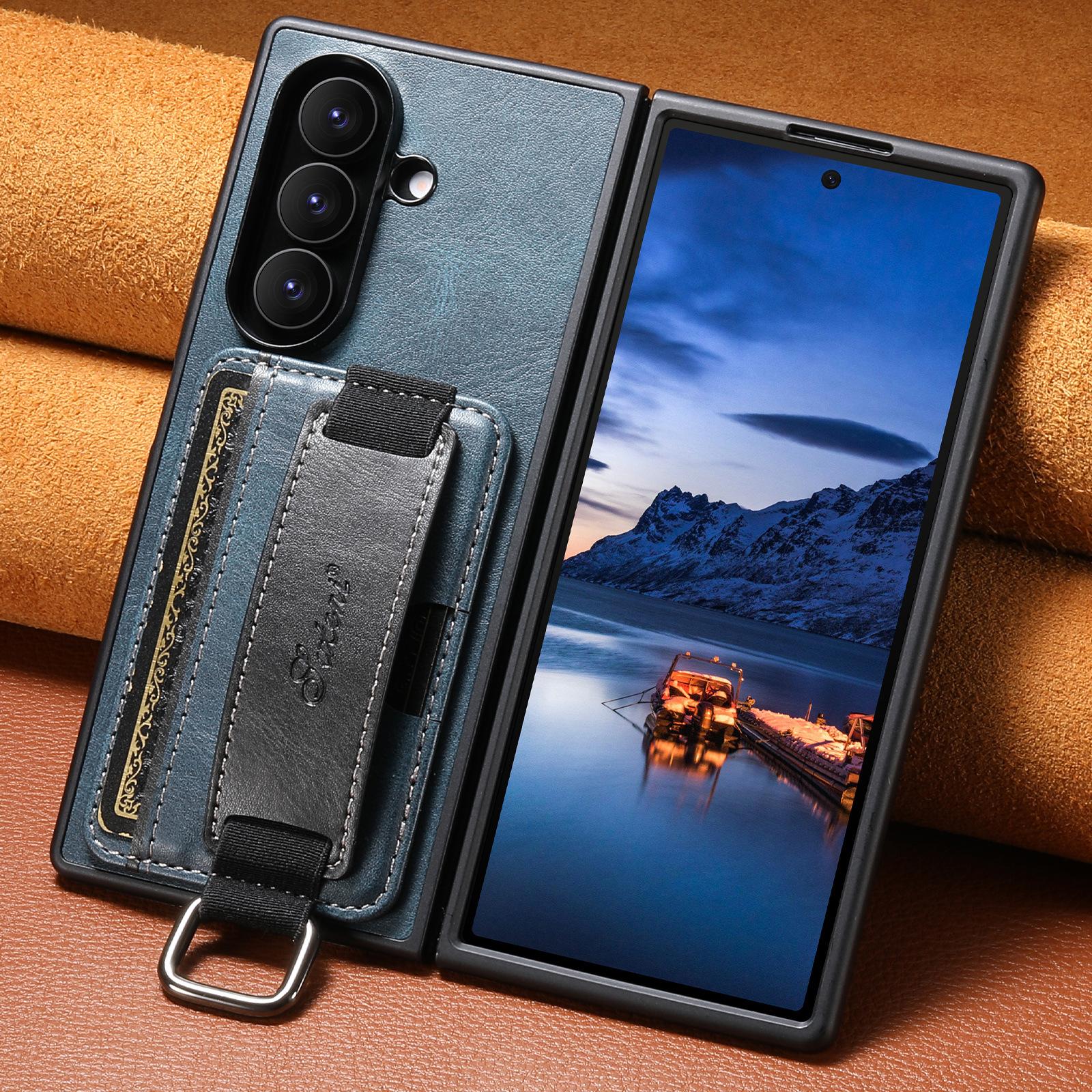 

Oil Wax Leather Moblie Phone Case for Samsung Galaxy Z Fold 7 Fold6 5 Wrist Strap Ring Card Slot Wallet Holder Anti-fall Cover Galaxy Z Fold5 синій
