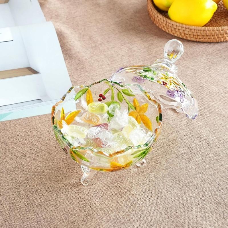 Cuenco de Vidrio Artístico Con Exquisitos Diseños Pintados a Mano Tarro con Pie Para Servir Ensaladas o Exhibir Caramelos