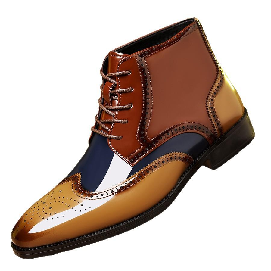 Herren High Top Lederstiefel, Übergröße Business-Kleidschuhe, Schnürung Patchwork-Farbe Büro-Kleid Lederschuhe