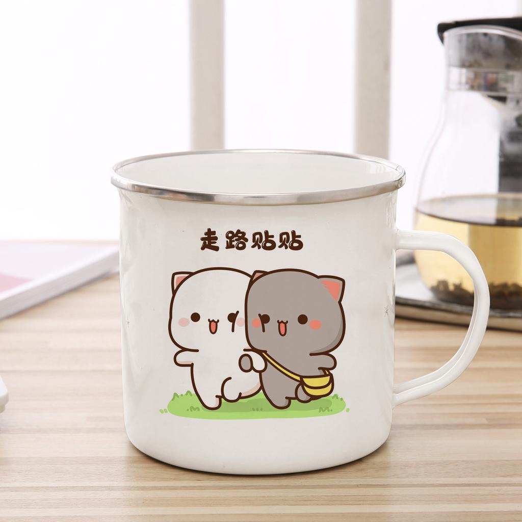 New Peach and Goma Cat Enamel Coffee Tea Cup Cute Animal Breakfast Dessert Milk Water Cup Couple Gift Original Breakfast Cups
