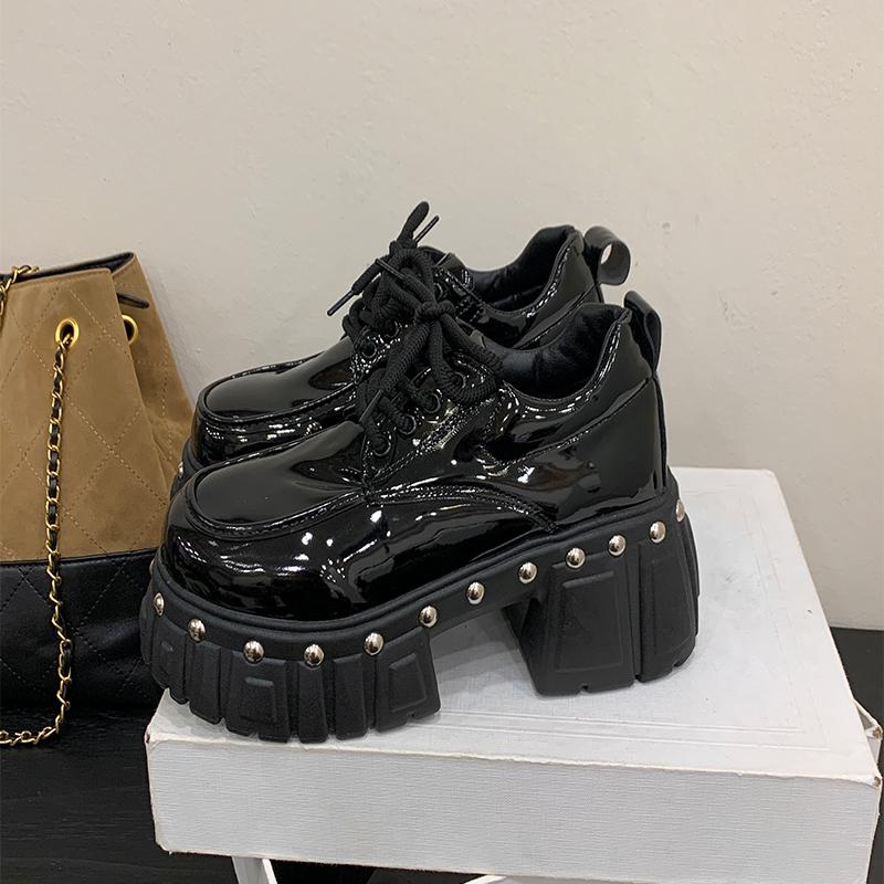 

8cm Punk Style Women Boots Lace-up Heel Height Platform Shoes Woman Gothic Ankle Rock Boots Metal Decor Man and Woman Sneakers 35