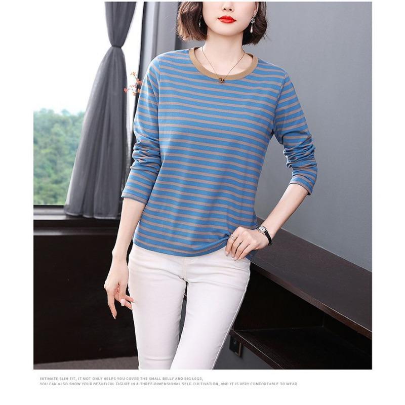 Women S Plus Size Long Sleeve Striped T Shirt Korean Style Base Layer