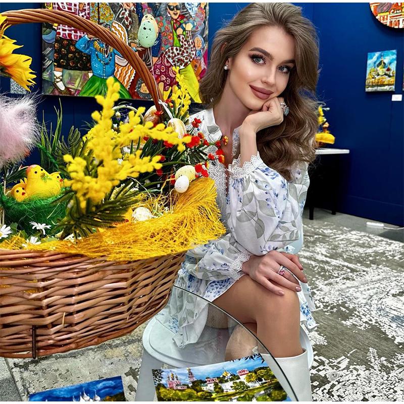 Ladies' Printed Stand Up Collar Bubble Sleeve Long Sleeved Ruffle Edge Short Skirt Casual Slim Fit Dress Blue Print Summer New Collection Waist Dress