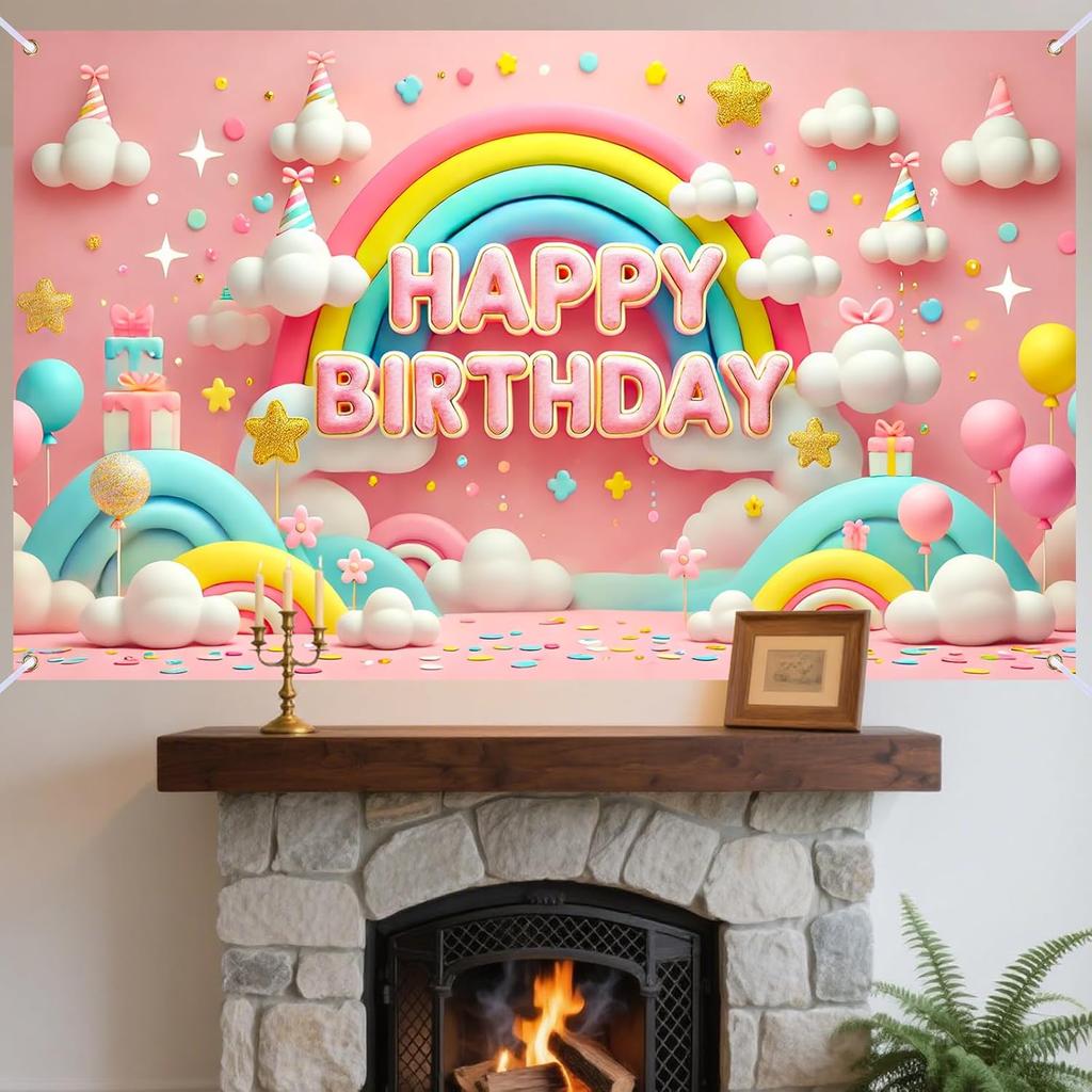 Nuxovilar Happy Birthday Banner - Large 71x43 Inch Pastel Rainbow Clouds Party Backdrop for Kids, Yard Sign, Birthday Decorations