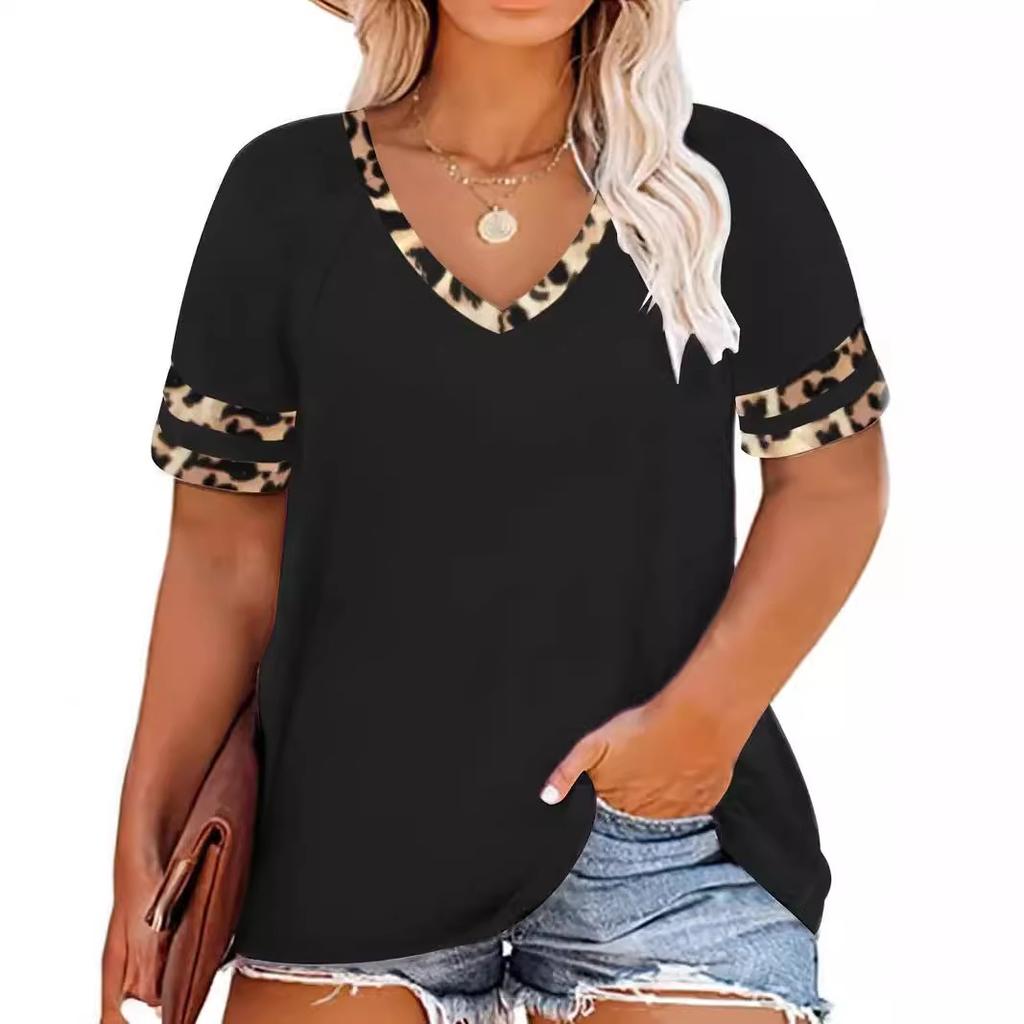 Amazon's new women's crew neck shoulder plug contrasting short-sleeved V-neck T-shirt is casual and versatile