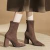 Metal Pointed Toe Booties Fall New Fashion Suede Zipper Non-Slip Wear-Resistant Block Heel Shoes