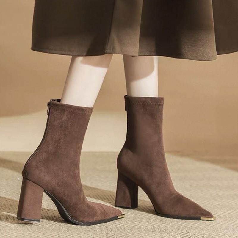 Metal Pointed Toe Booties Fall New Fashion Suede Zipper Non-Slip Wear-Resistant Block Heel Shoes