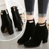 Fashion Woman Suede High Heel Ankle Boots British Style Fashion Thick Heel Pointed Back Zipper Boots Women Square Heeled Short Booties