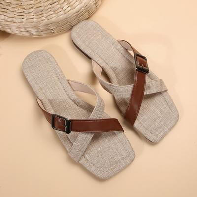 Hausschuhe Damen neue Damenschuhe Sommer eckige Zehenpartie coole Hausschuhe Damen Außenbereich eckige Schnalle flacher Boden bequeme Hausschuhe