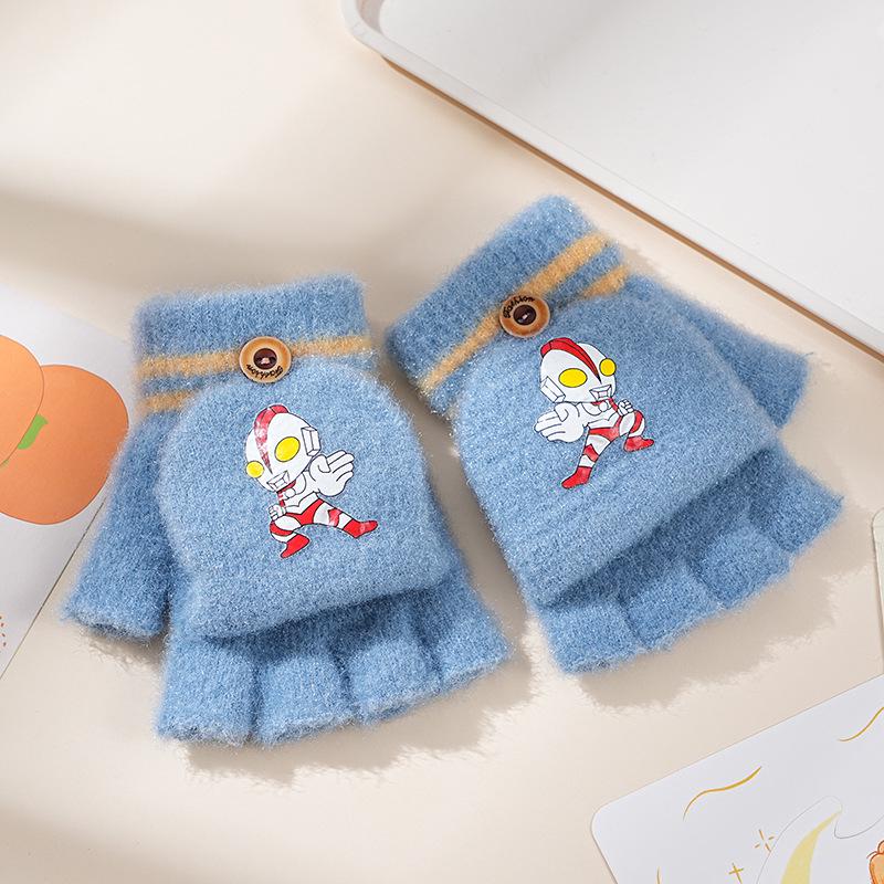 Kids' Cartoon Knitted Flip-Top Fingerless Winter Gloves - Unisex, Warm, Velvet-Lined, Thickened