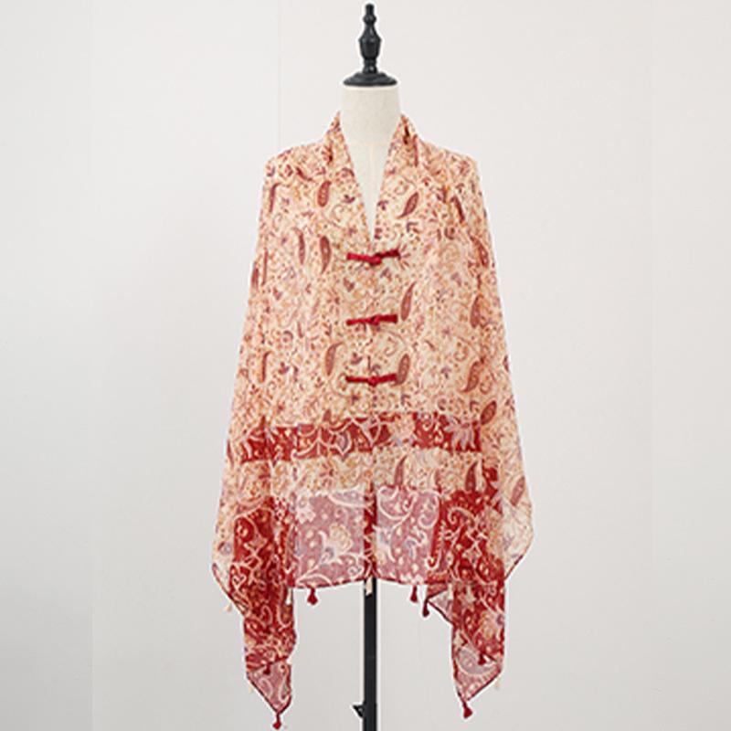 "Summer Ethnic Style Cotton-Linen Shawl: Handmade Retro Button Sunscreen Beach Cover-Up"