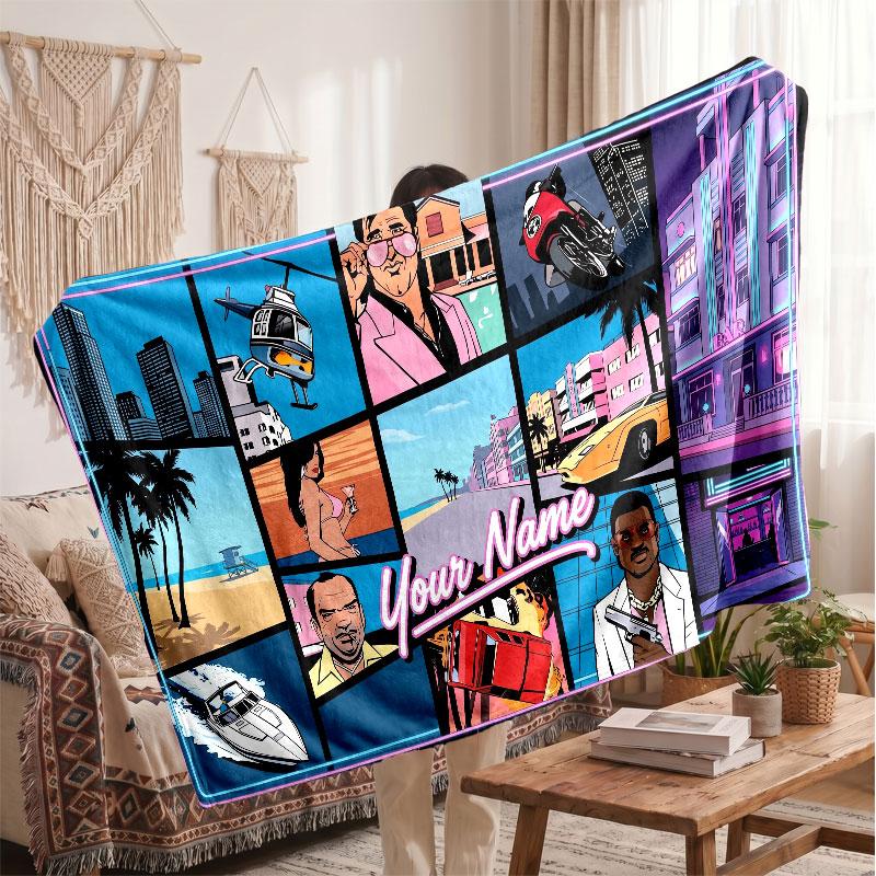 GTA Personalized Flannel Blanket, Custom Printed Text Name, Warm Soft Blanket For Couch Bed