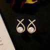 1Pair Women Retro Pearl Earrings Simple Letter X Inlaid Diamond Piercing Earring